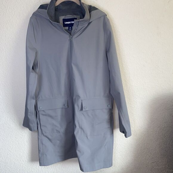Lands End Men trench Coat Gray Packable Jacket M Snap outdoor classic - Picture 1 of 13